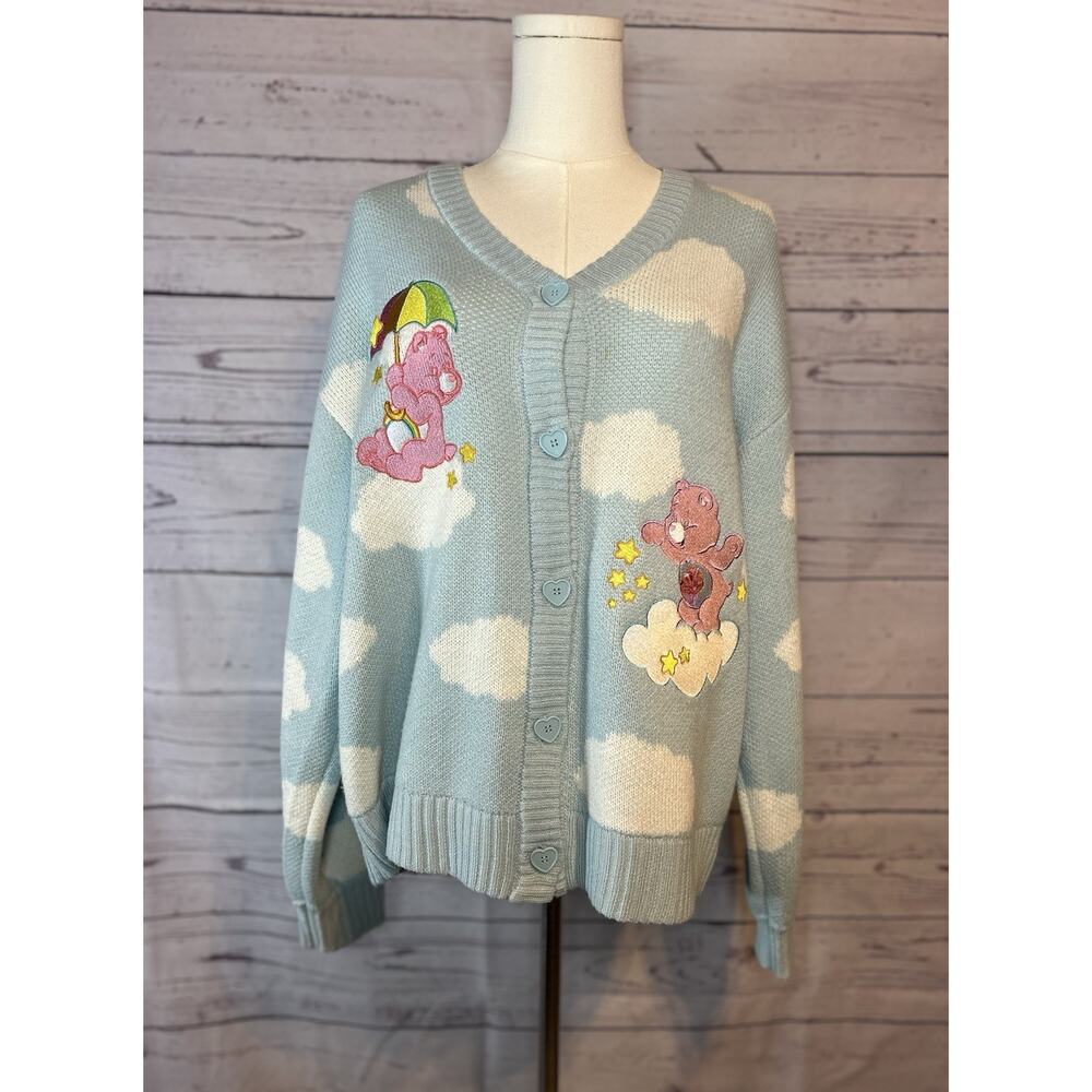Care Bears Light Blue Cardigan Sweater Medium Clouds & Heart Buttons